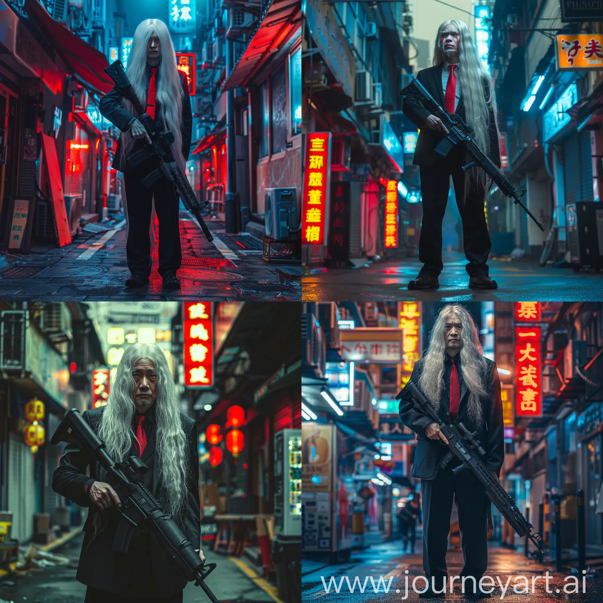 Cyberpunk-Assassin-GrayWhite-Haired-Man-with-Assault-Rifle-on-Futuristic-Street
