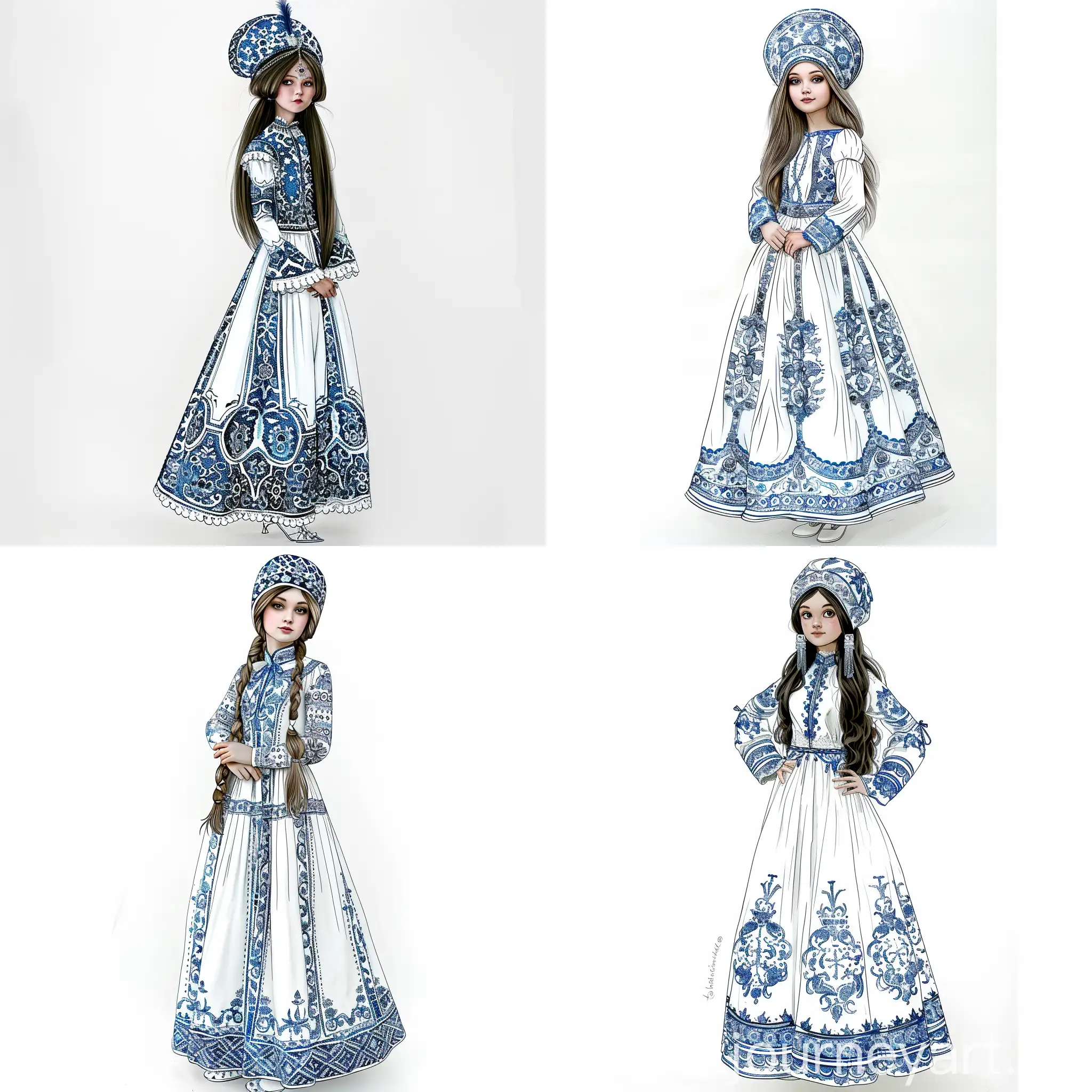 create a girl of Slavic appearance with a kokoshnik on her head and long hair, she is wearing a long floor-length dress, decorated with Gzhel patterns
