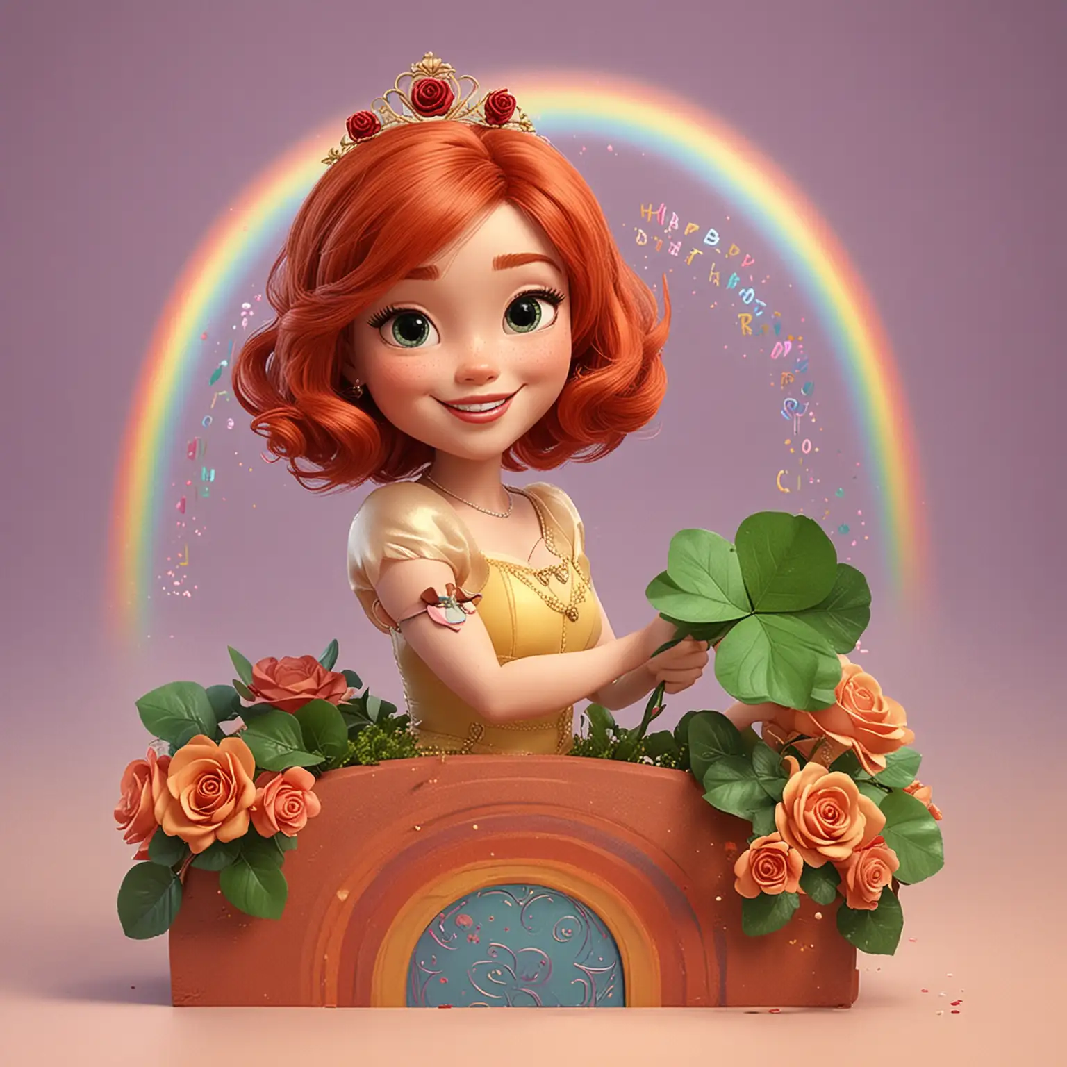 princess sliding on a rainbow,  auburn bob hairstyle parted on the side, holding a rose, with a 4 leaf clover bush, happy birthday!, in the style of Disney animation, disney princess