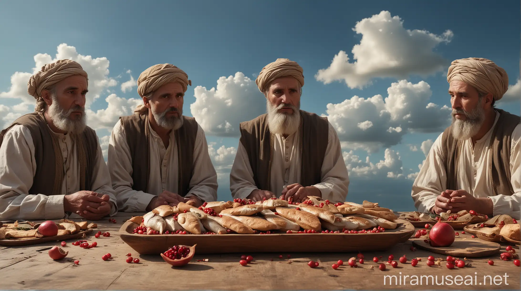 A wooden dining table with a lot of huge fish, loaves of bread, and some pomegranate seeds. Three men from the time of the prophets, dressed in brown, stand at the table. The background of the picture is a blue sky and clouds, a realistic cinematic image, 4K quality.
