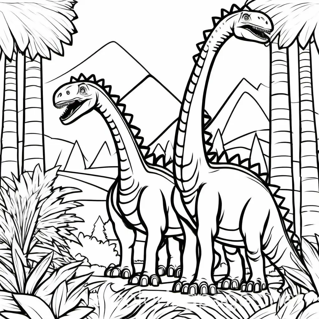 A Stegosaurus and a Brachiosaurus eating from tall trees and shrubs. 2 dimension, low detail, thick lines, no shading. , Coloring Page, black and white, line art, white background, Simplicity, Ample White Space. The background of the coloring page is plain white to make it easy for young children to color within the lines. The outlines of all the subjects are easy to distinguish, making it simple for kids to color without too much difficulty