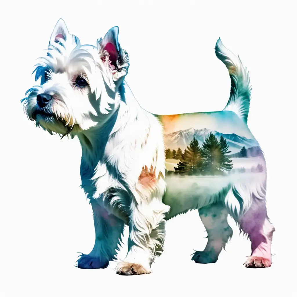 Double Exposure West Highland White Terrier in Watercolor Portrait