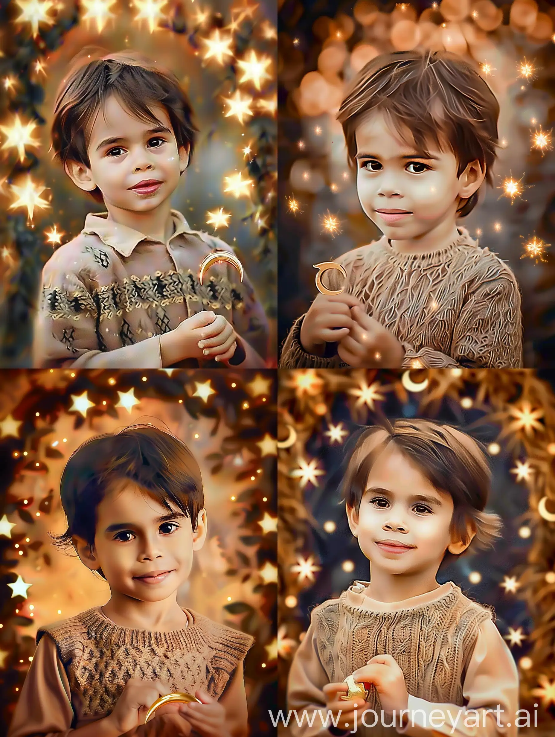 A three-year-old boy wearing a woolen dress with a beautiful weave, and in the evening air, many five-pointed stars shine behind him in golden color, the space around the boy is full of bright wreaths, and the boy is a small bright golden crescent moon.  He is holding it in his hand and smiling sweetly