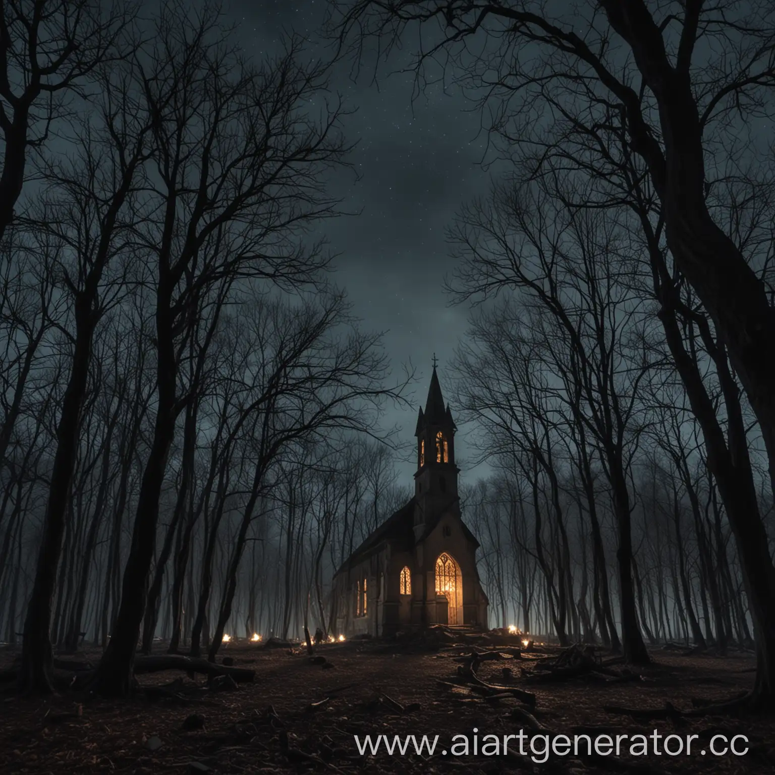 Темная ночь в лесу, давящая атмосфера, ветки голых деревьев закрывают небо, вдали виднеется старая, сгоревшая церковь 