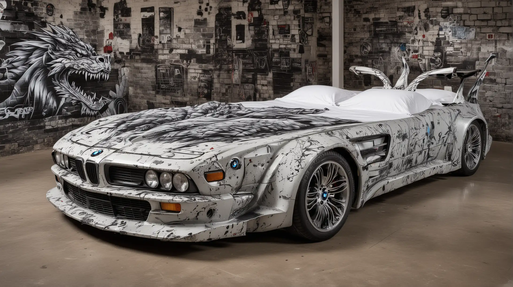 BMW Car Shaped Double Bed with Dragon Graffiti Illuminated by Headlights