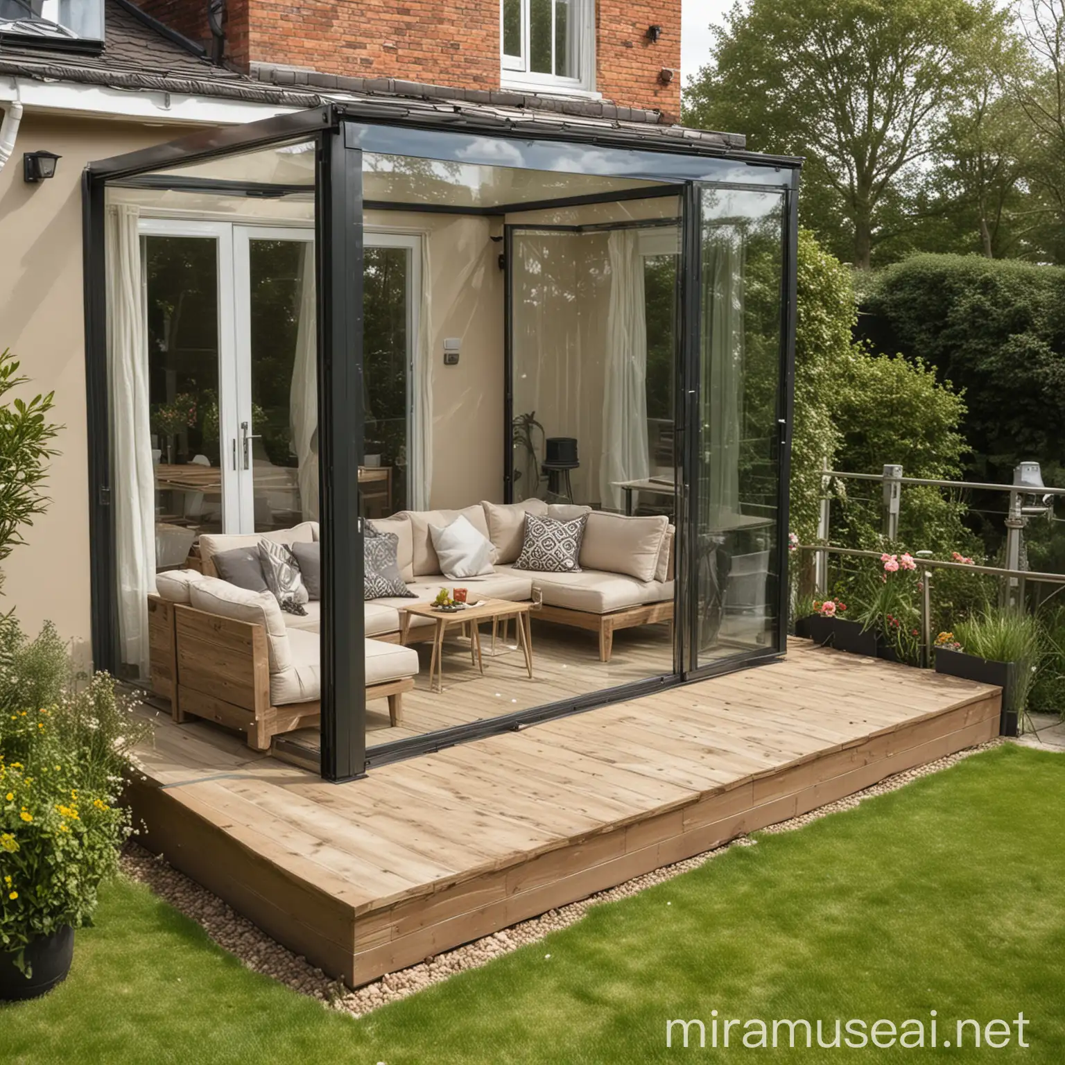 glass lean on veranda for small terrace house, step up 50cm height back garden 2.5m away from the house, light brown decking, sunny day, outdoor L shape sofa seating, superb landscaping design