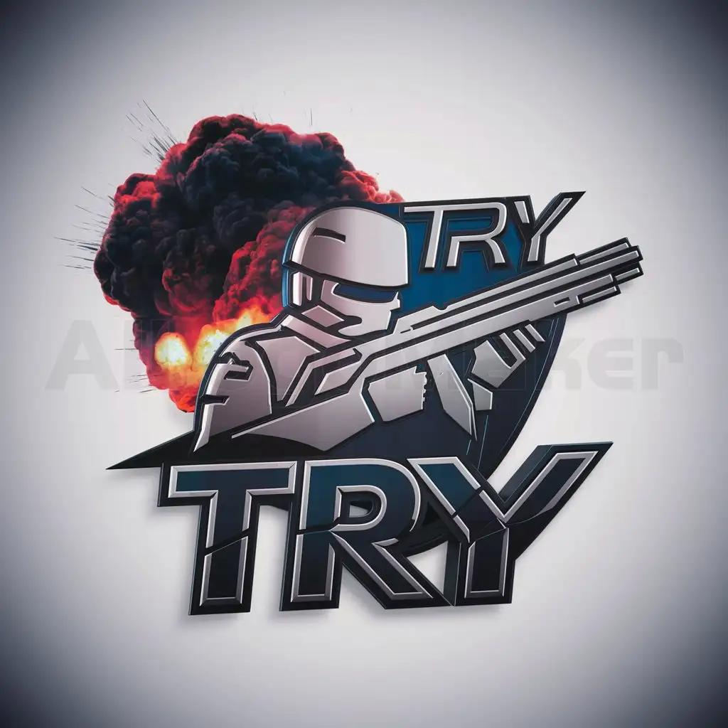 a logo design,with the text "TRY", main symbol:a logo design,with the text 'TRY', main symbol:logo for a game counter strike, should be drawn: player, weapon, explosion, all on a gradient red-blue background, be used in Entertainment industry,clear background,complex,be used in Entertainment industry,clear background