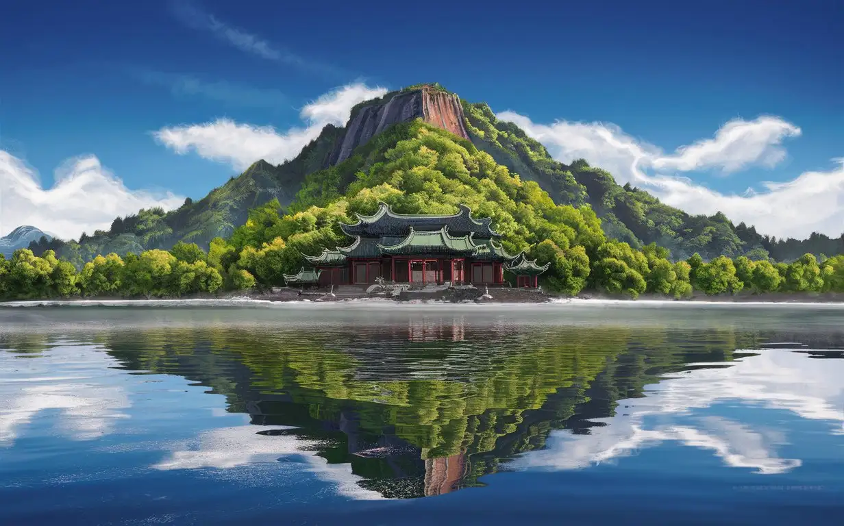 In the bright light of a spring day, a traditional Chinese landscape painting unfolds. At the center of the image is a majestic mountain, its peak covered with lush, vibrant forests. At the base of the mountain, a clear lake acts like a mirror, reflecting the blue sky and the surrounding natural beauty. The water is calm, occasionally brushed by a gentle breeze that creates ripples on the surface. Floating white clouds in the sky add a light and dreamy atmosphere. The panoramic view captures all of this, presenting a striking distant scene filled with tranquility and harmony, making it perfect for a distinctive background image for a logo.