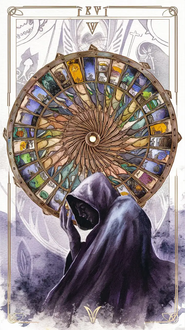 Typography-The Wheel of fortune. Depicting a wheel of fate and free will
 Background a tarot card with a watercolor vibe