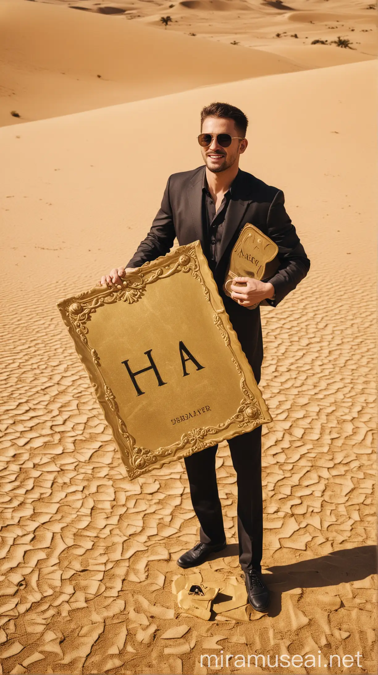 Rich Man Holding Gold Board with HA Written in Desert