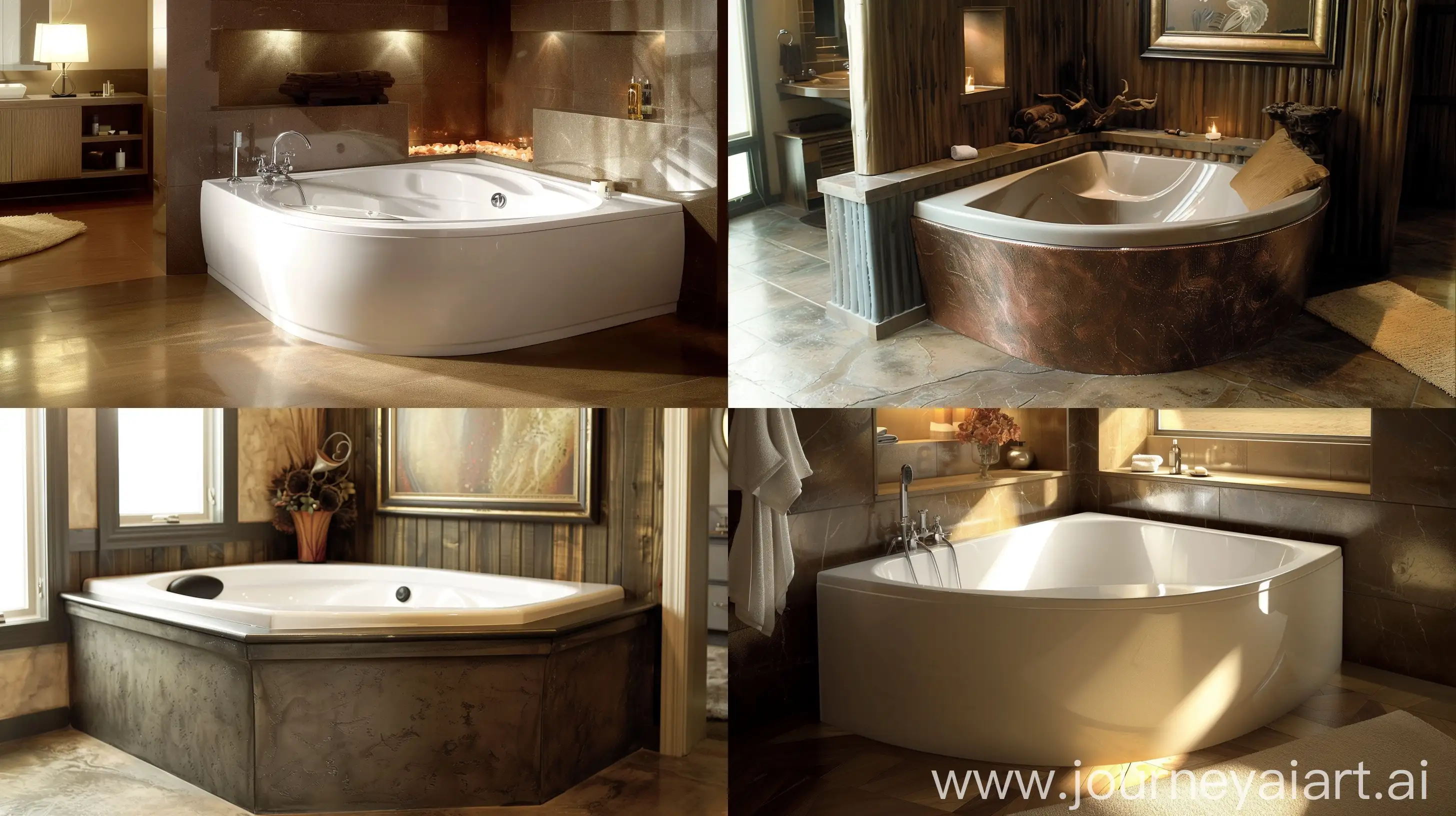 A captivating photograph showcasing the elegance and durability of a corner cast iron bathtub. The bath's design is highlighted, emphasizing its curved edges and sleek finish. The image captures the essence of luxury and sophistication, showcasing the bathtub as a focal point in a beautifully designed bathroom. The cast iron material is depicted in a way that emphasizes its strength and longevity, showcasing its ability to withstand the test of time. The photograph is bathed in warm, inviting light, enhancing the cozy and welcoming feel of the bathtub.  --ar 16:9 