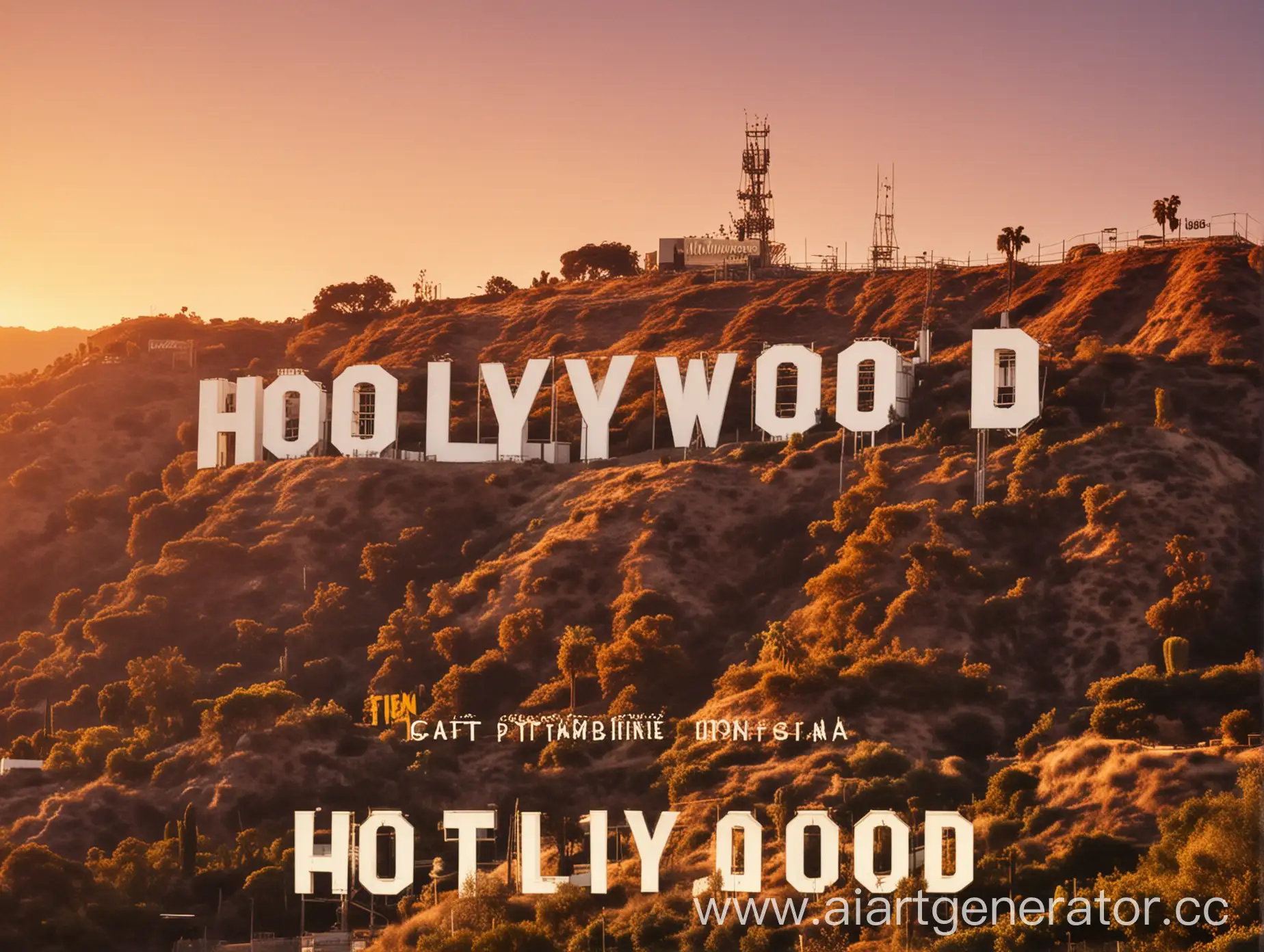 фотография голливудских холмов на закате с надписью голливуд, фотография в теплых оттенках близких к палитре #ffa200