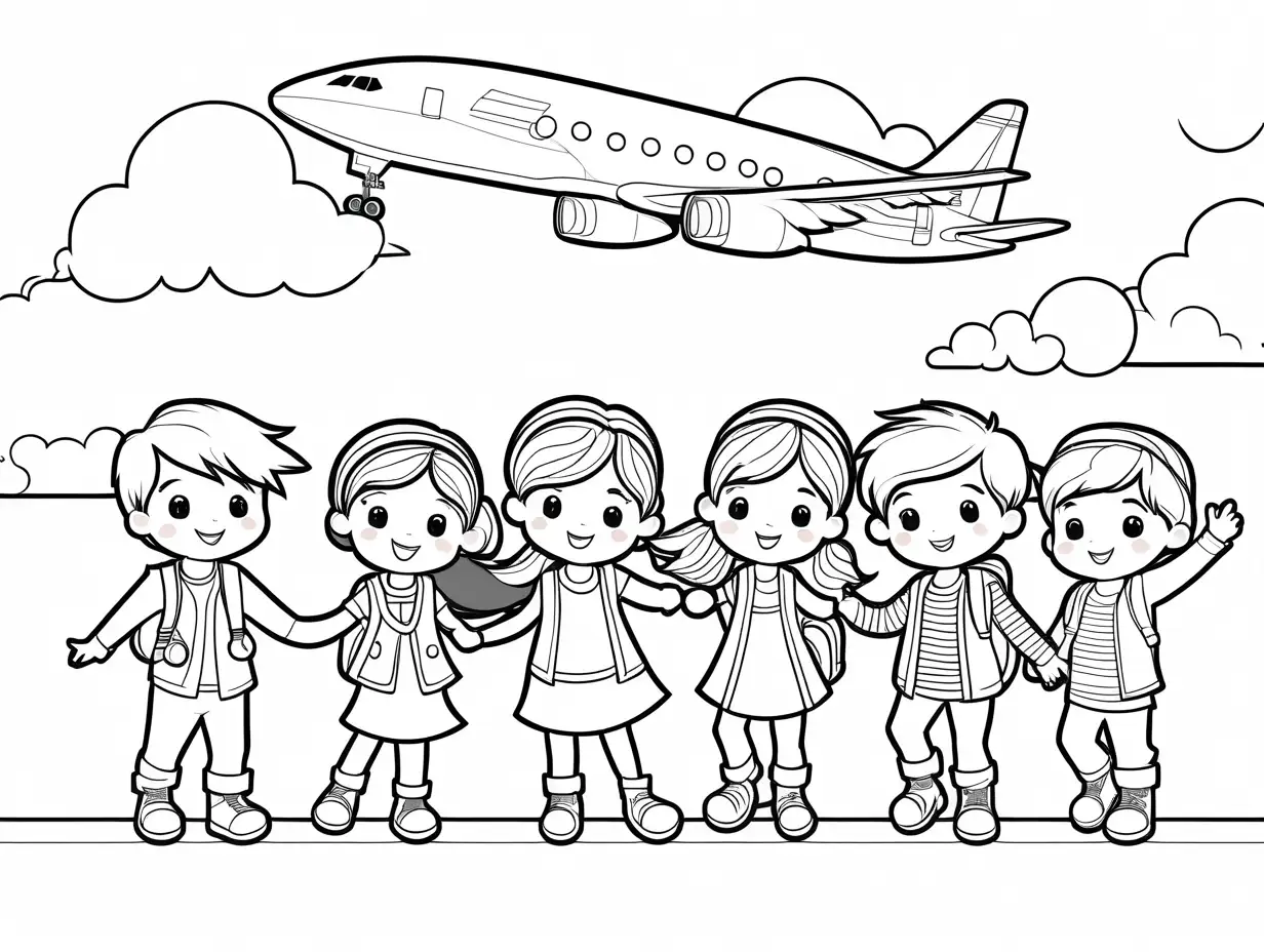 Kids-Saying-Hi-on-Flight-Coloring-Page