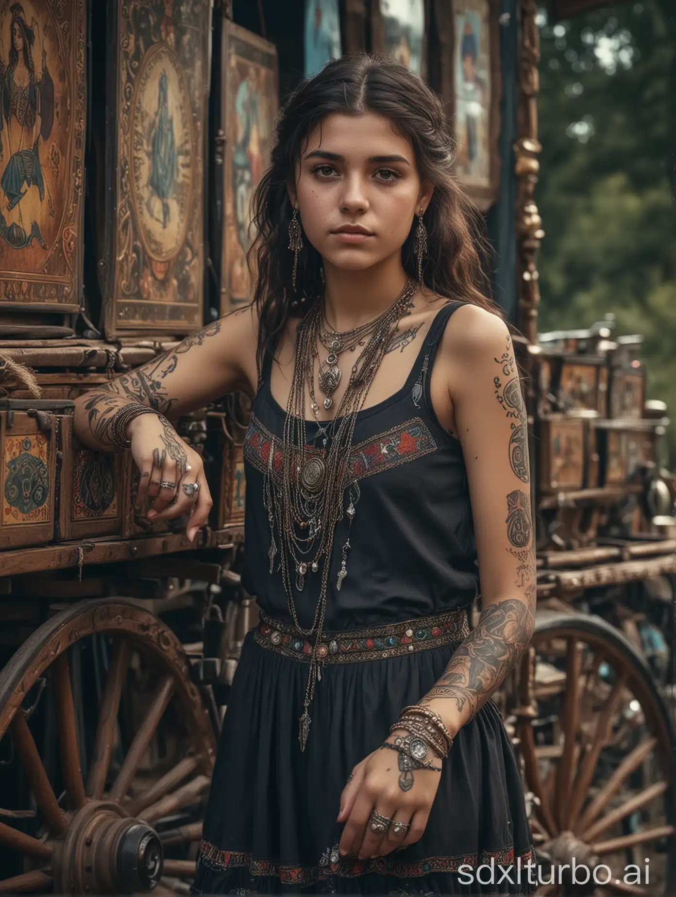 A hyper realistic photograph of an attractive Gypsy teen girl in front of their wagon, tarot tattoos, tarot necklaces,bracelets,earings.digital raw photography, intricate details, depth of field, cinematic lighting, joy, happiness. mystical environment. Extremely revealing clothing