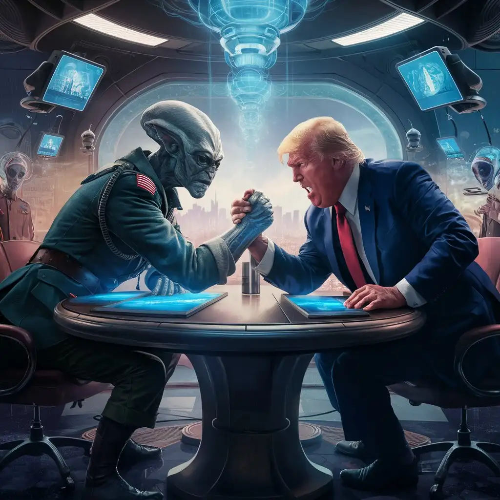 Trump arm-wrestling an alien dressed in military attire at a negotiation table, both struggling intensely.