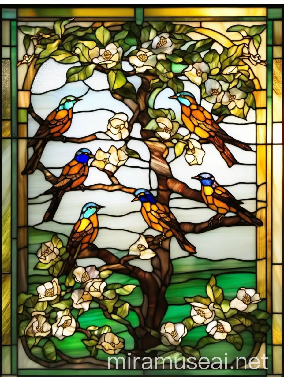 витраж тиффани на межкомнатной перегородке, в классическом стиле, птицы сидят на ветке цветущей яблони, из цветного стекла 