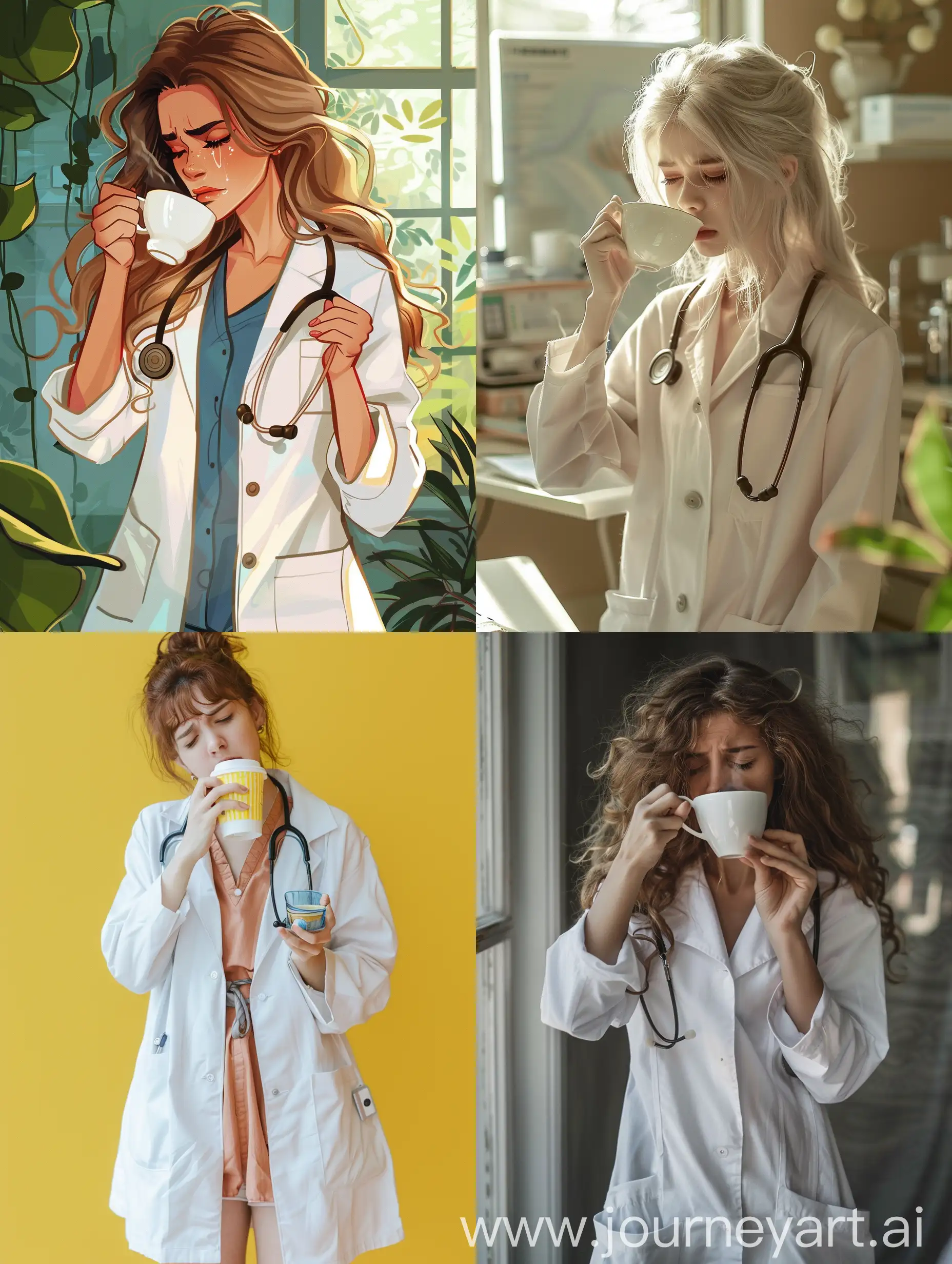 Уставшая девочка врач грустно пьет кофе в стилей Фейри волшебная больница лето белый халат