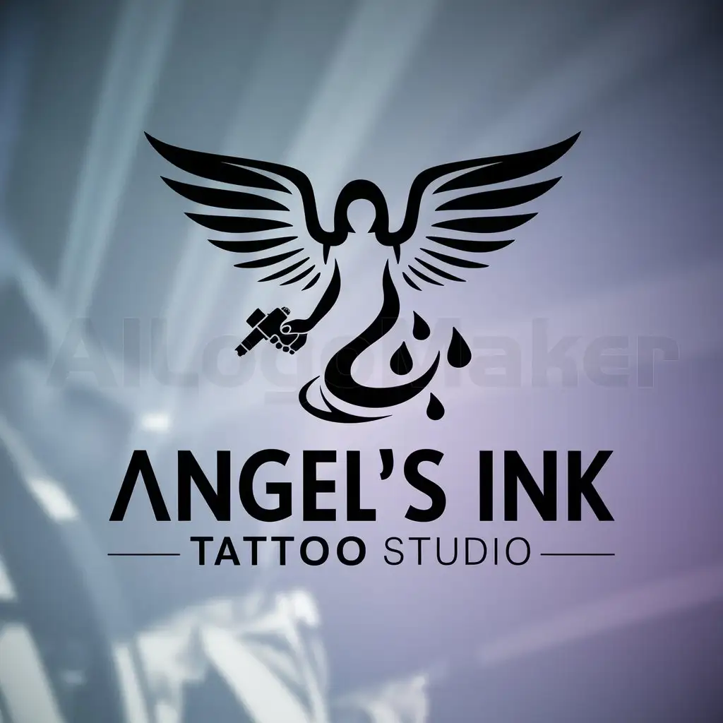 a logo design,with the text "Angel’s ink tattoo studio", main symbol:angel making a tattoo,Moderate,clear background