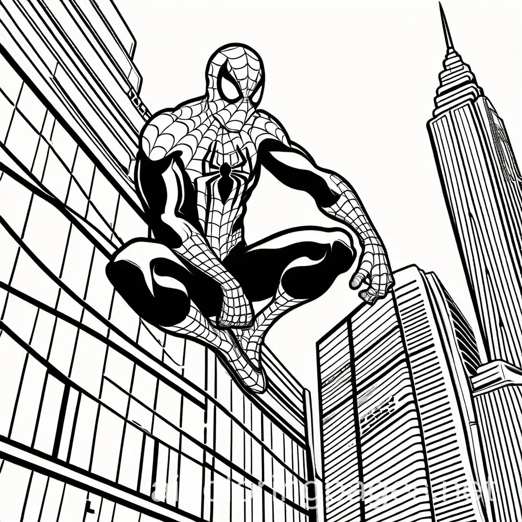 hombre araña en un edificio, Coloring Page, black and white, line art, white background, Simplicity, Ample White Space. The background of the coloring page is plain white to make it easy for young children to color within the lines. The outlines of all the subjects are easy to distinguish, making it simple for kids to color without too much difficulty