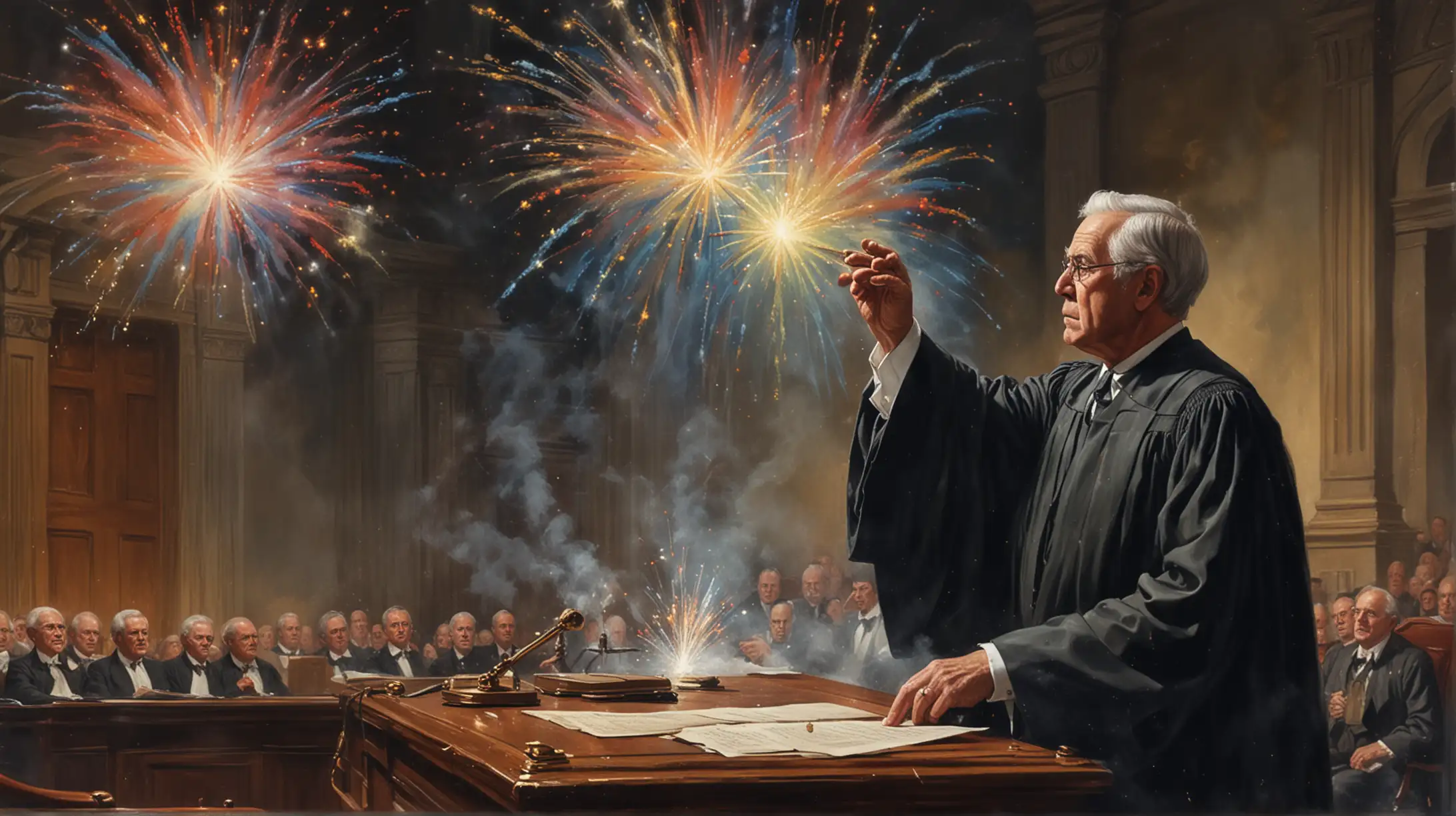 an old painting of a courtroom judge with fireworks in background