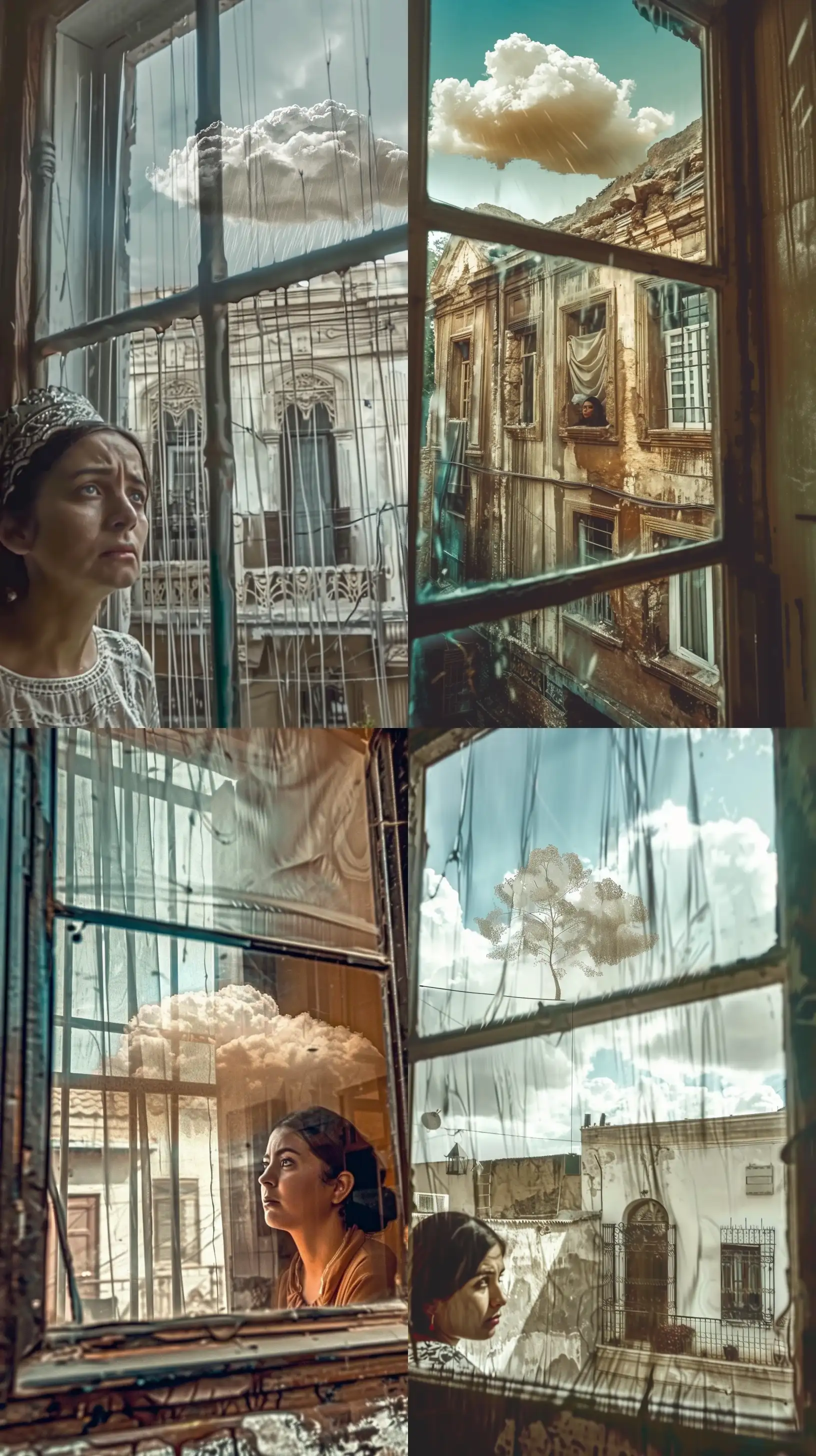 A view of a rain cloud over a beautiful country house in the city of Taif, inhabited by a woman looking out the window, Portrait, Realism, Normal perspective, Muted Colors, Film Camera, Dramatic Lighting, Nostalgia, --ar 9:16 --weird 53 --seed 36