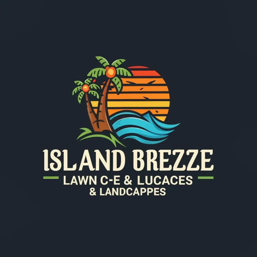 a logo design,with the text "Island Breeze Lawn Care & Landscapes", main symbol:Palm trees, ocean wave, sunset,complex,be used in Others industry,clear background