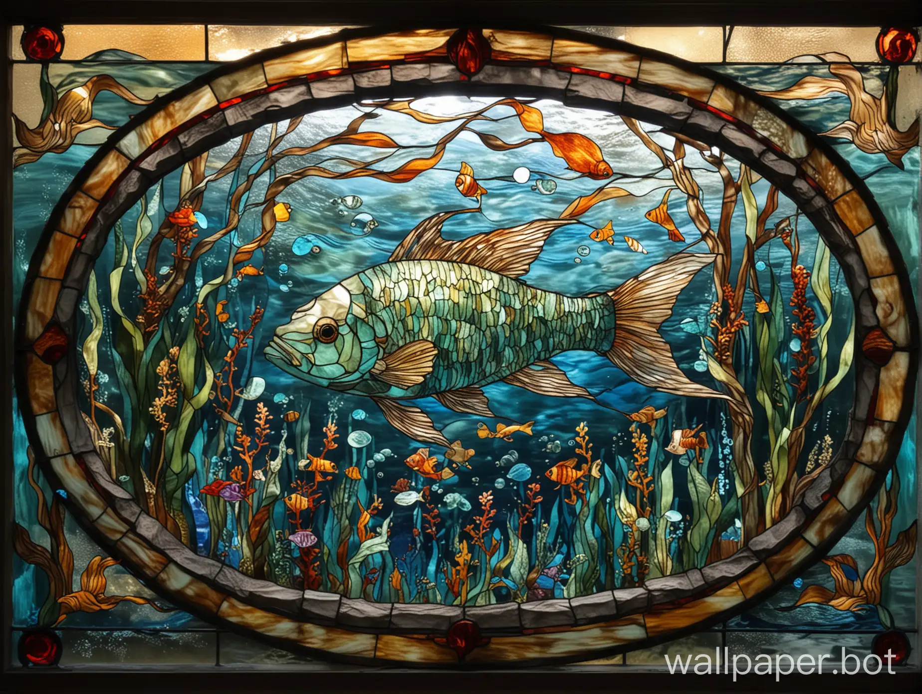 stained glass window depicting a magical fish underwater