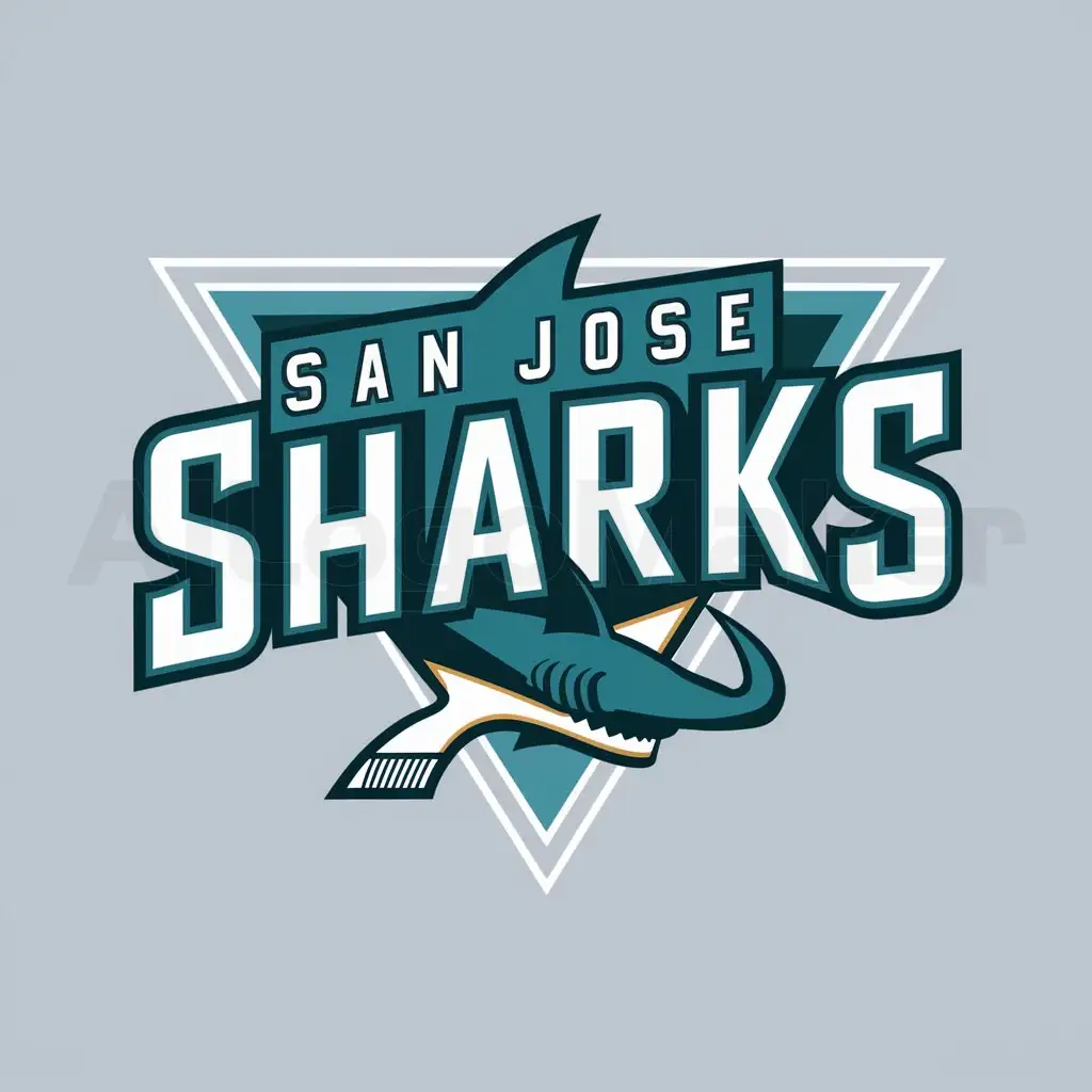 a logo design,with the text "San Jose Sharks", main symbol:The wordmark 'San Jose Sharks' in a pointy-blocky font and in teal and white text with a shark's fin coming out of the wordmark as well as the shark's tail coming out of the end of the word 'Sharks' all inside a light blue triangle.,Moderate,clear background