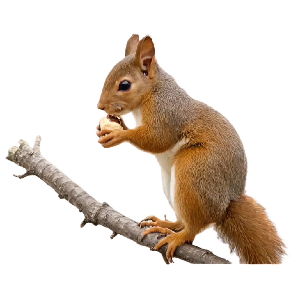 a squirrel holding and eating a nut sitting on a tree branch in a forest