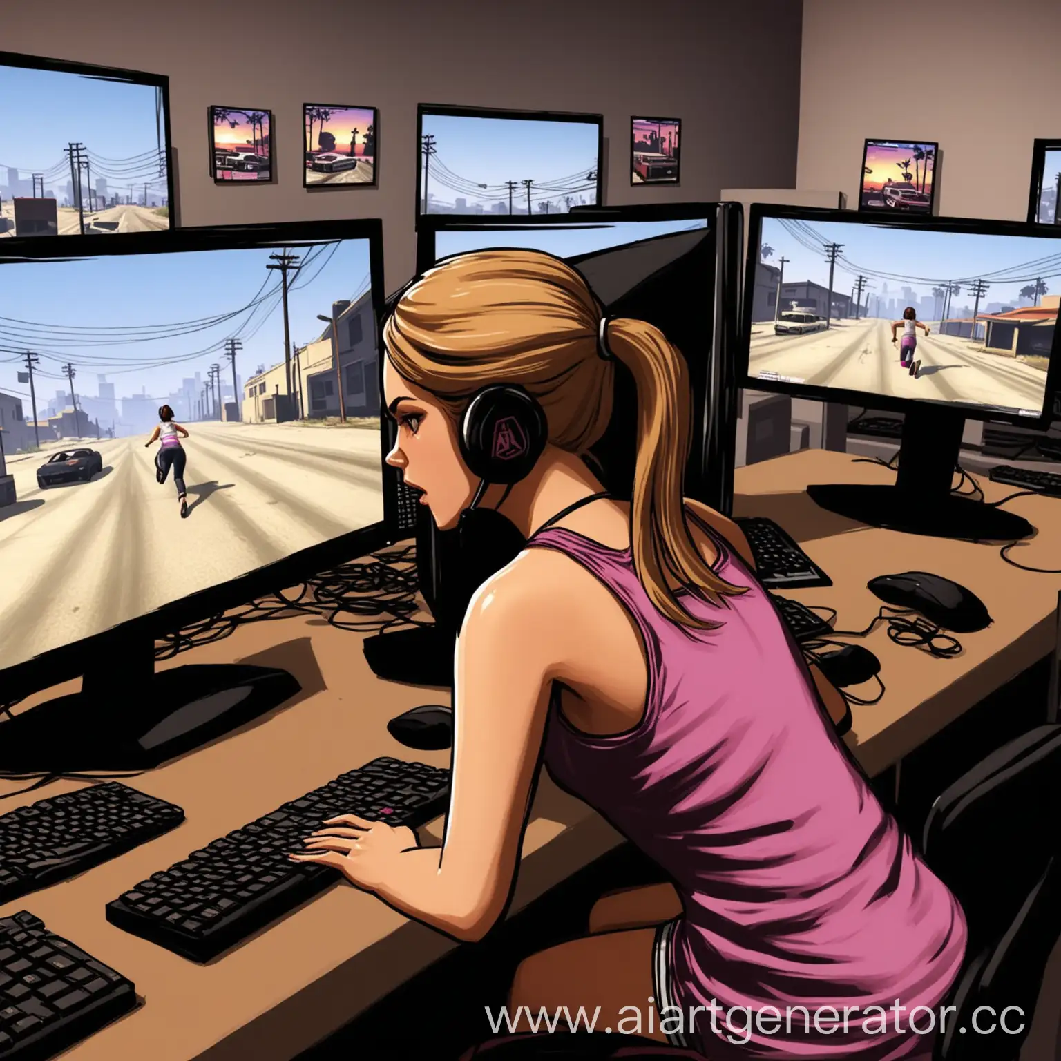 девочка на фоне компьютеров с запущенной гта