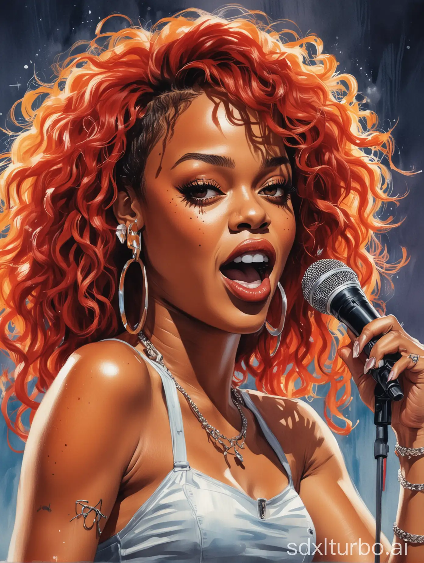 A colorful and whimsically drawn (((caricature of Rihanna))) performing on a (mammoth stage), with exaggerated features and expressions that convey her kinetic persona, capturing the essence of her electrifying live shows