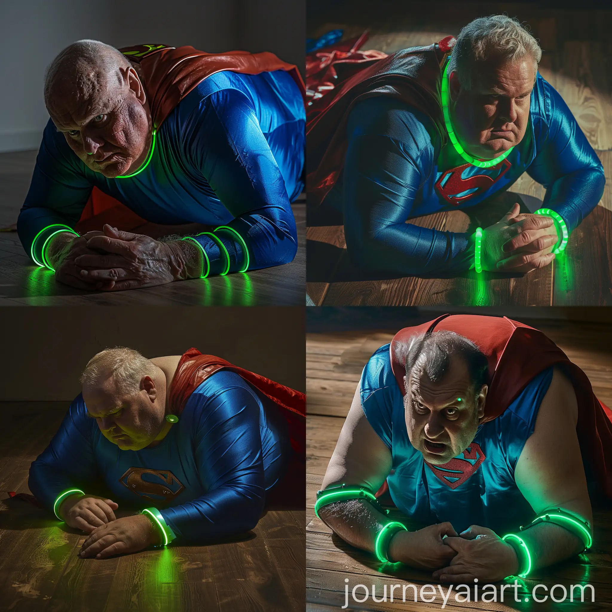 Anxious-Fat-Man-in-Superman-Costume-Crawling-with-Green-Glowing-Cuffs