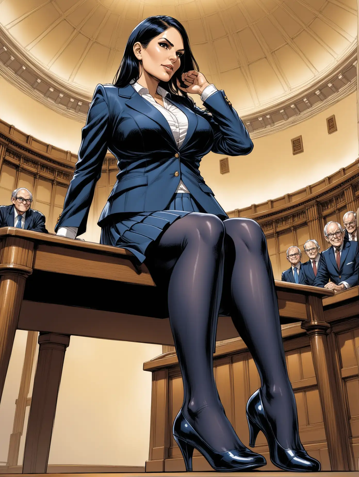 Mature, Priti Patel, dark navy pleated skirt suit [Highly Detailed] Bernie Wrightson art style, navy pantyhose, leg on top of table, parliament, open blazer, intimate setting, removing shoe,  below angle