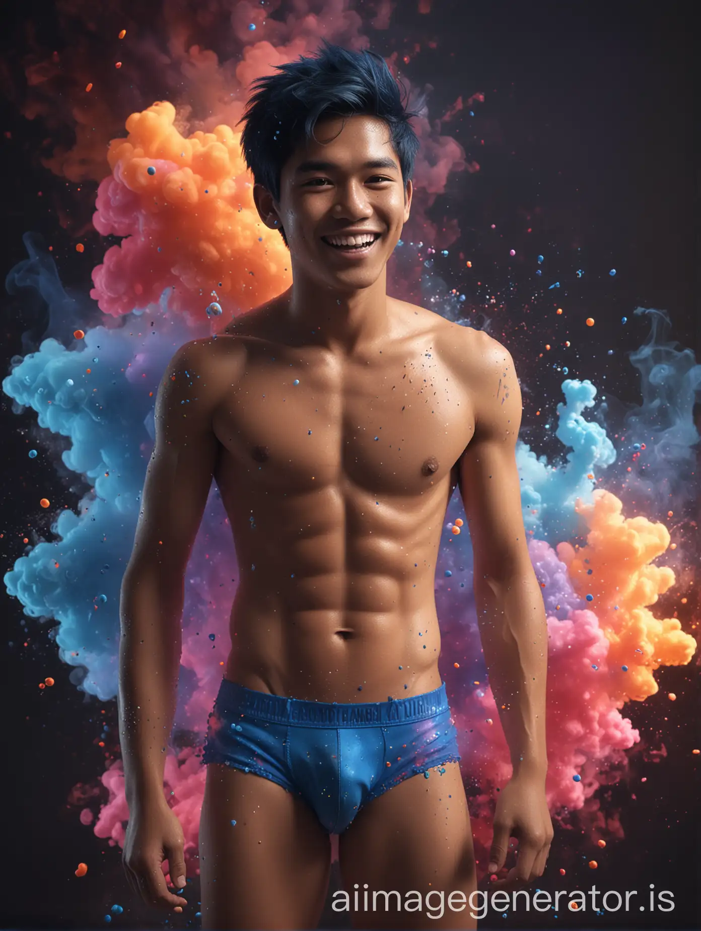 a smiling handsome young indonesian man aged 19 years old, short black hair, wearing blue underwear and shirtless
concept art stylized with a bright
colored smoke cloud and smoke
bubbles in a dark room
background, Octane colored
rendering, Cinema 4D color
rendering, an explosion of colors,
neon cloud splashes, vivid and
colorful rendering with Octane
surreal colors, explosion colored
ink, color explosion, color
explosion, beautiful rendering
with Octane, color rendering with
Redshift