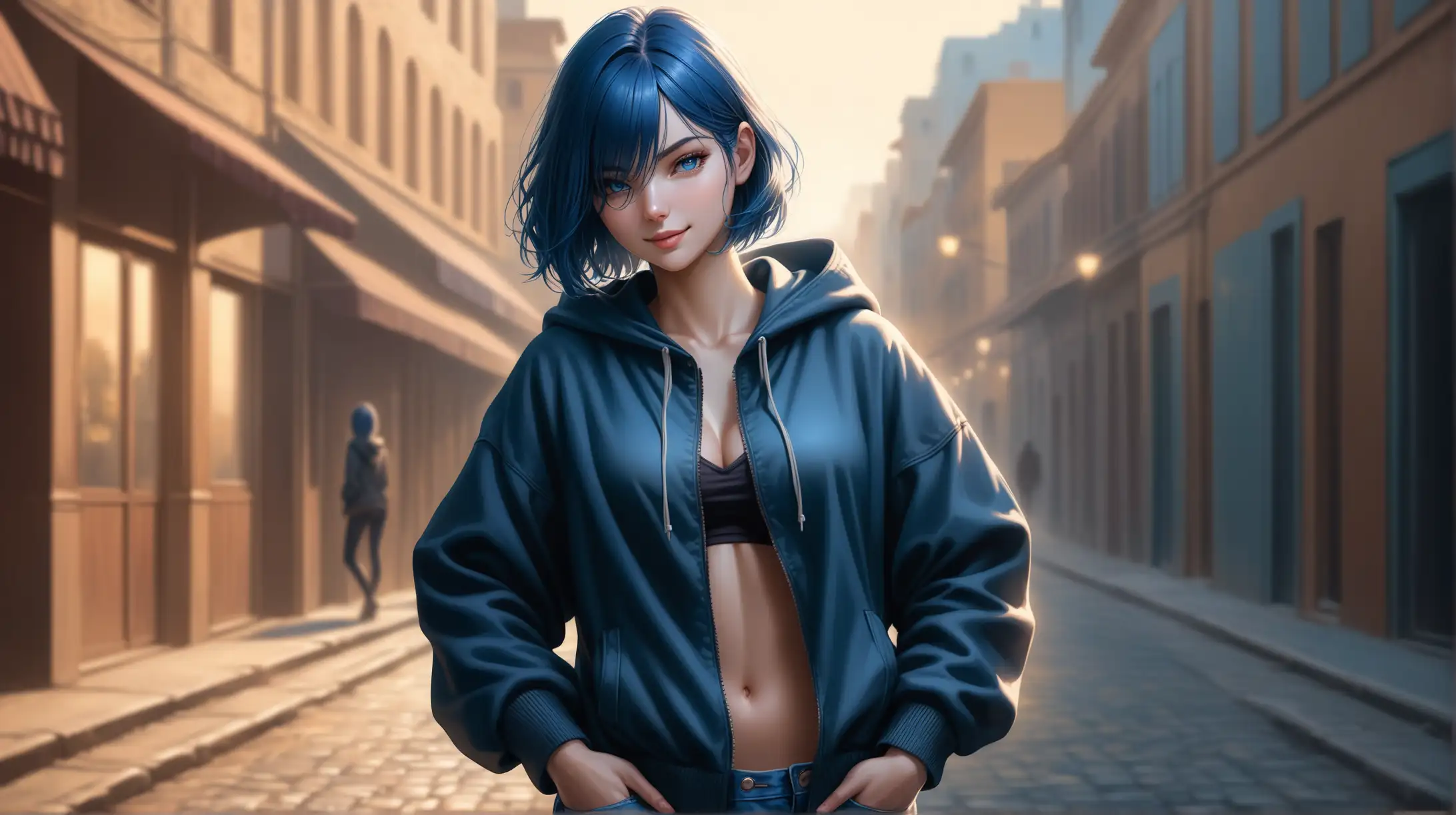 Seductive Woman with Short Blue Hair in Ambient Outdoor Lighting
