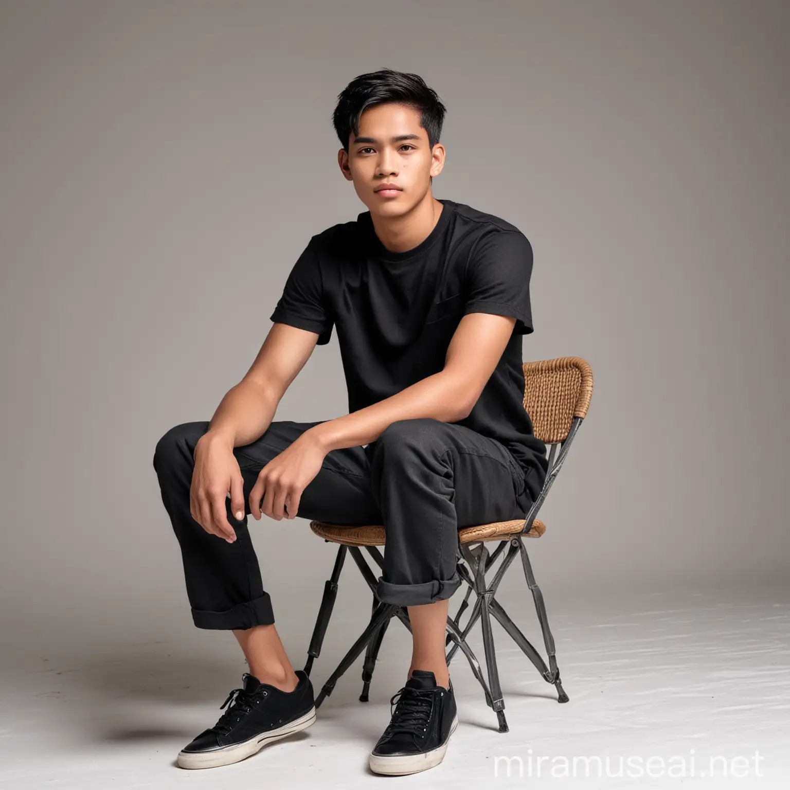 a young Indonesian male model,short hair, wearing a black shirt, black sneakers shoes. white background. sitting, (chair sideways pose).