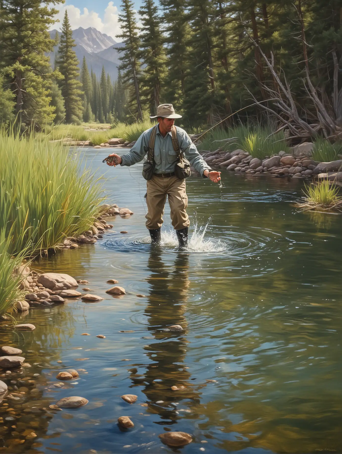 oil painting  of a fly fisherman in a Colorado pond catching a trout leaping out of the water. The man is in the distance and the trout is very clore.