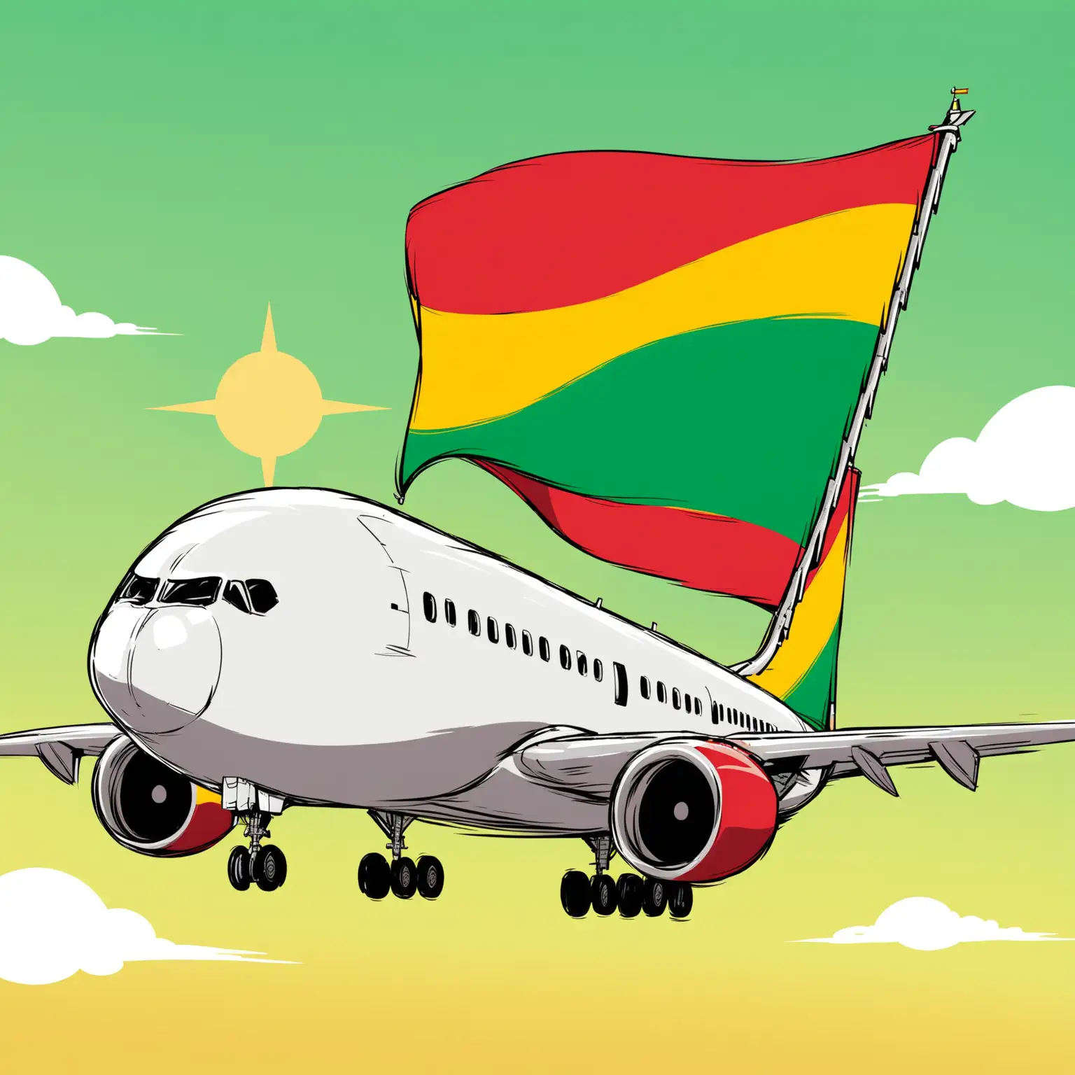 Illustrate an image of big ethiopian flag on a aeroplane .Cartoon version.