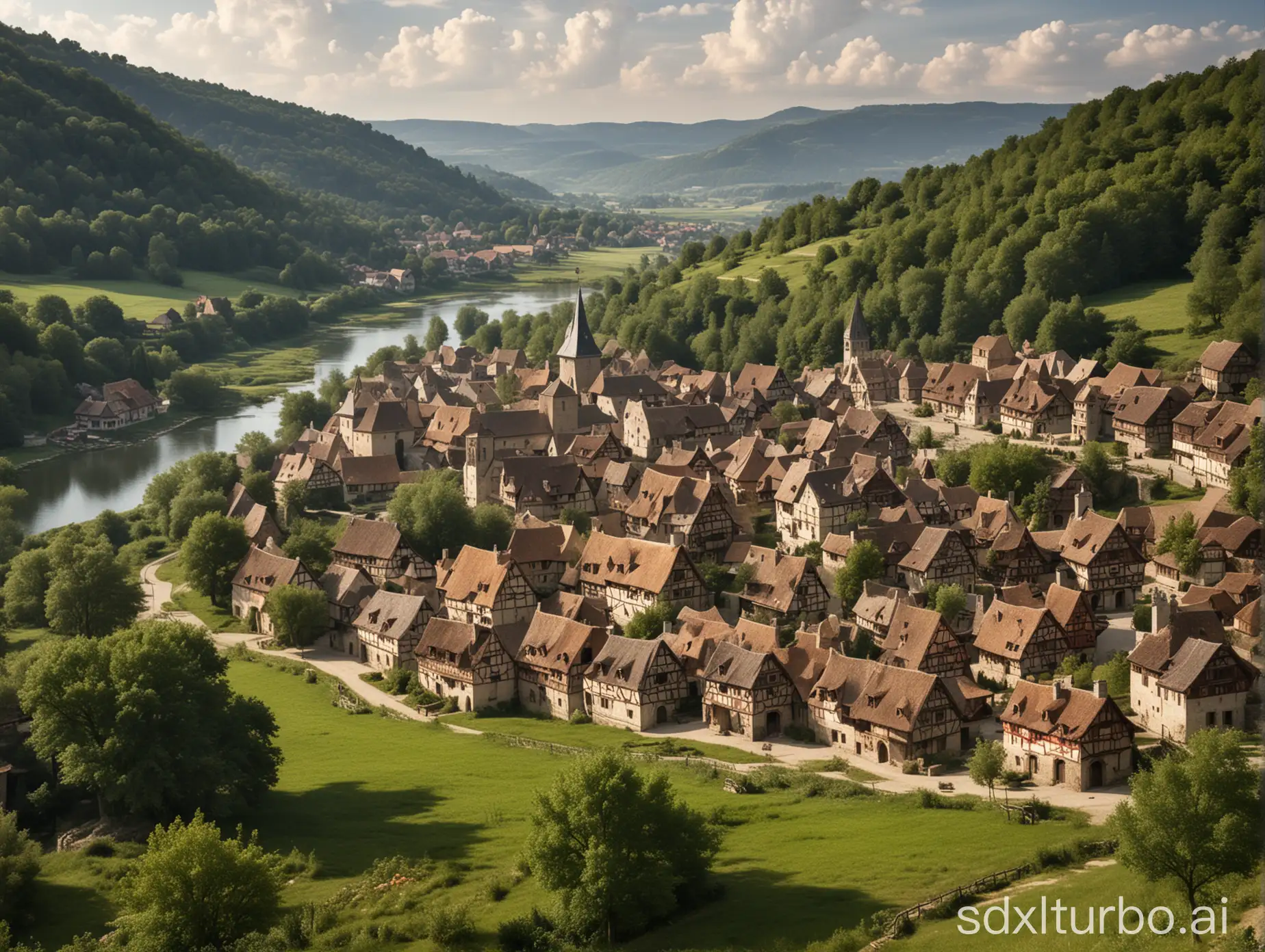 a medieval village in an idyllic landscape