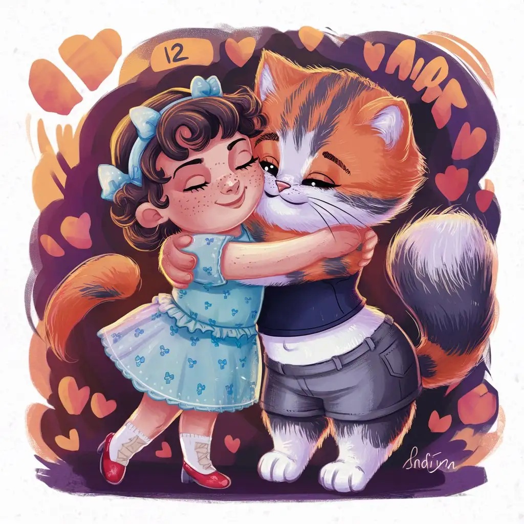 A very kind and positive image in which 1 girl of 12 years old is dressed in a light blue baby dress with bows on curly hair, a girl hugging an anthropomorphic humanoid female cat, an anthropomorphic cat is very sweet and kind, fluffy dark orange with gray stripes, dressed in shorts and a top, a sweet and kind image, very positive and colorful, a girl and an anthropomorphic cat hugging, tight hugs