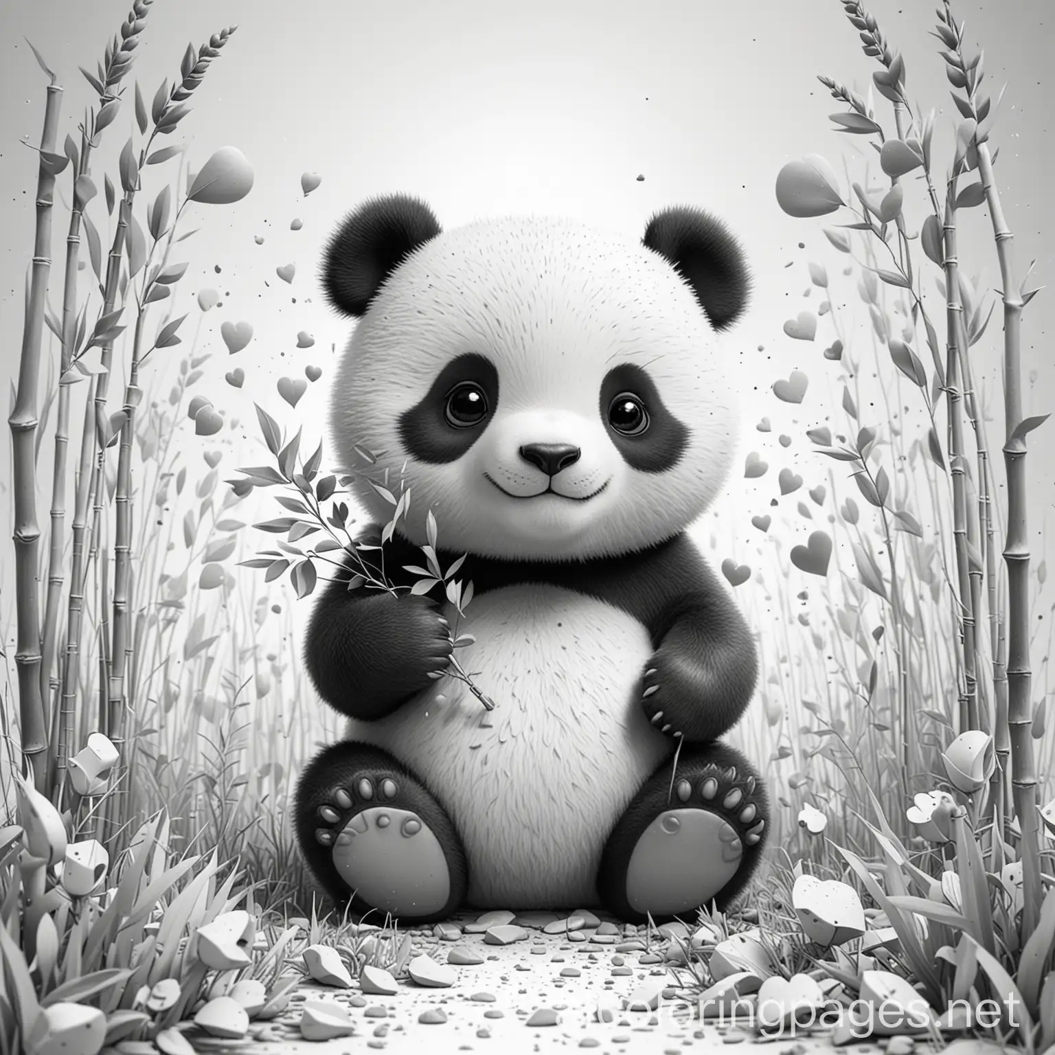 An enchanting artwork of a kawaii panda holding a bamboo shoot amidst a field of scattered hearts, Coloring Page, black and white, line art, white background, Simplicity, Ample White Space