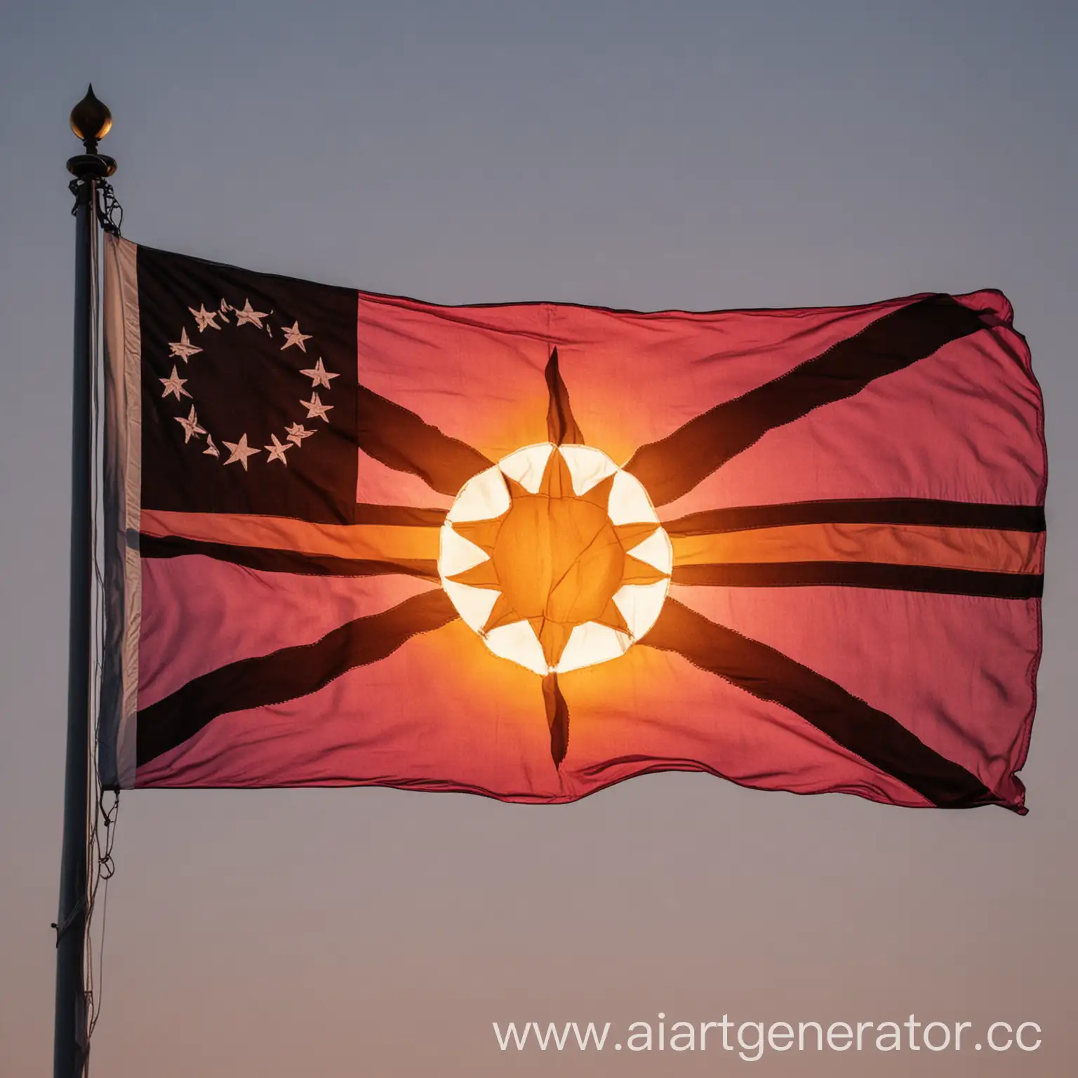 The flag is a triangular flag with the upper corner in pink, which gradually transitions to orange at the bottom edge, symbolizing sunrise and sunset. In the middle of the flag is a black stripe, on which a white sun and a blue star are depicted. The sun and star represent light and hope, while the black color symbolizes strength and resilience. All colors and symbols on the flag are united to reflect the unity and pride of the nation.