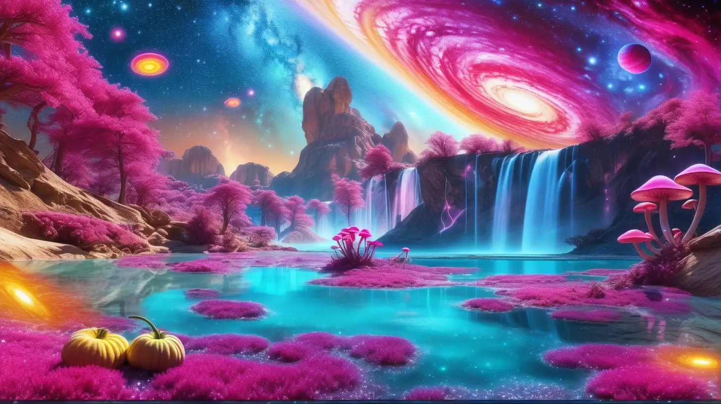 florescent fairytale pumpkins and mushrooms of Orange and Pink and golden-magenta in golden dust and a magical turquoise glowing lake and waterfall of luminescent  magenta flowers, giant magenta-fire planet in the sky among galaxies.
