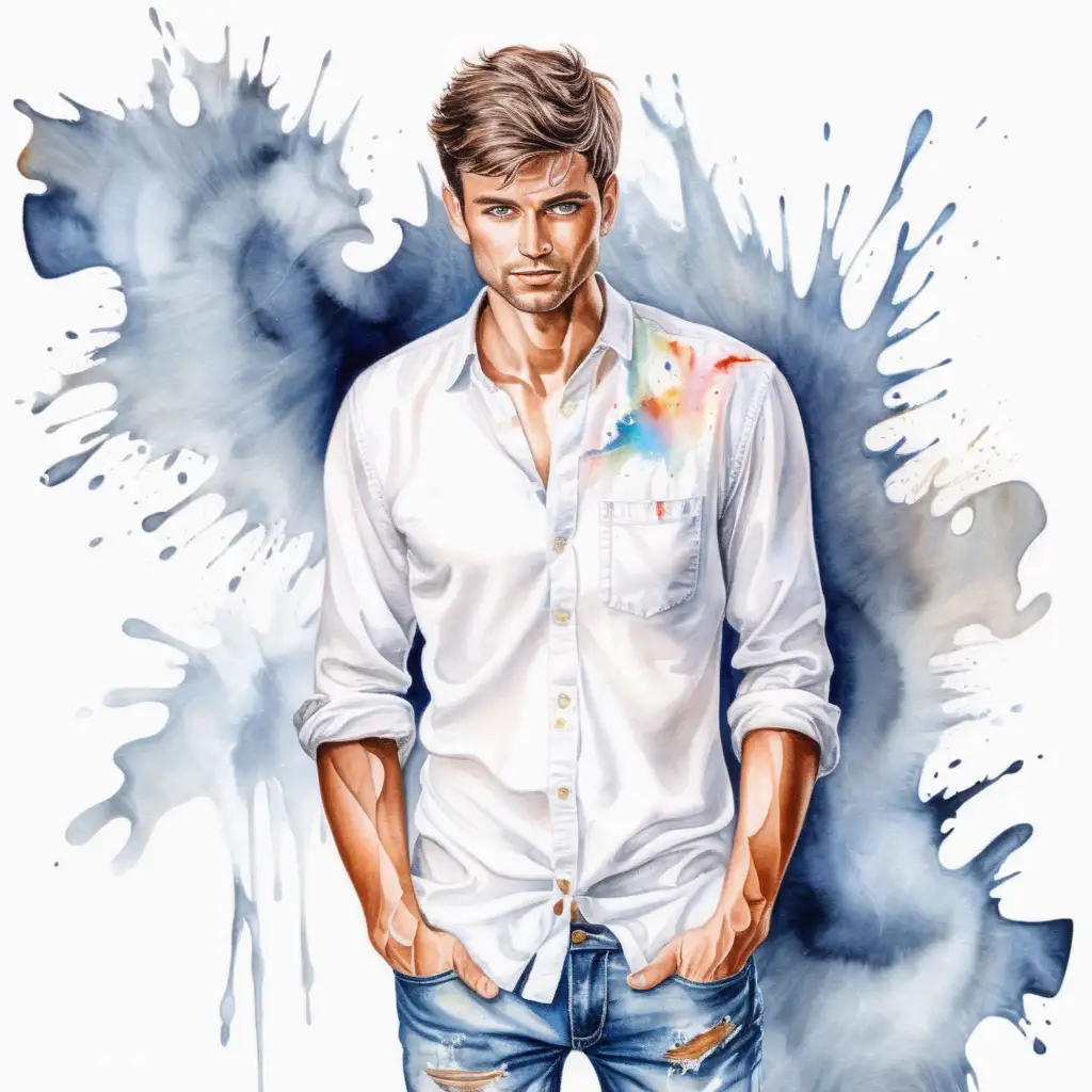 Casual Man in White Shirt and Torn Jeans with Watercolor