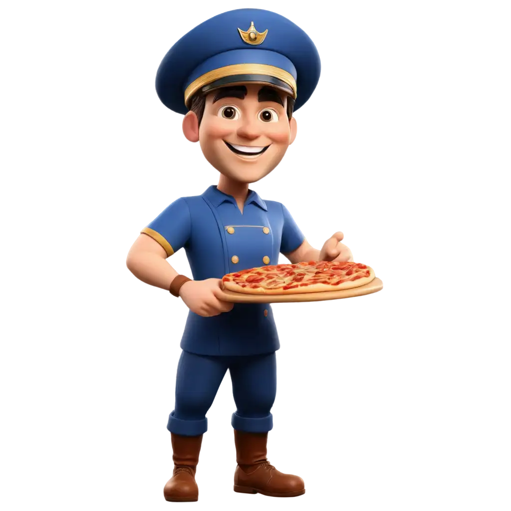 A 3D caricature wearing a captain's uniform with a hat and smiling while cooking pizza in the form of a logo and in very high quality.