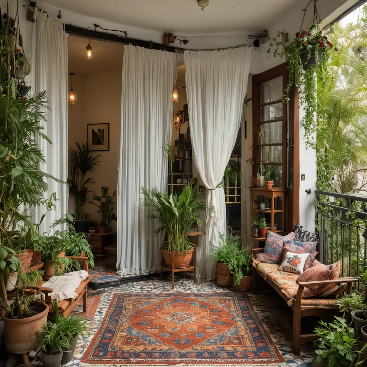 A wide shot  A small, tiled balcony with a bohemian vibe. The space includes a low wooden bench with vibrant, patterned pillows, a woven rug, and a macrame hanging chair. Various potted plants, including spider plants and hanging ivy, add greenery. Lantern-style lights and a beaded curtain at the balcony entrance enhance the boho feel. The balcony has wooden doors with glass panes and sheer curtains blowing gently in the breeze.