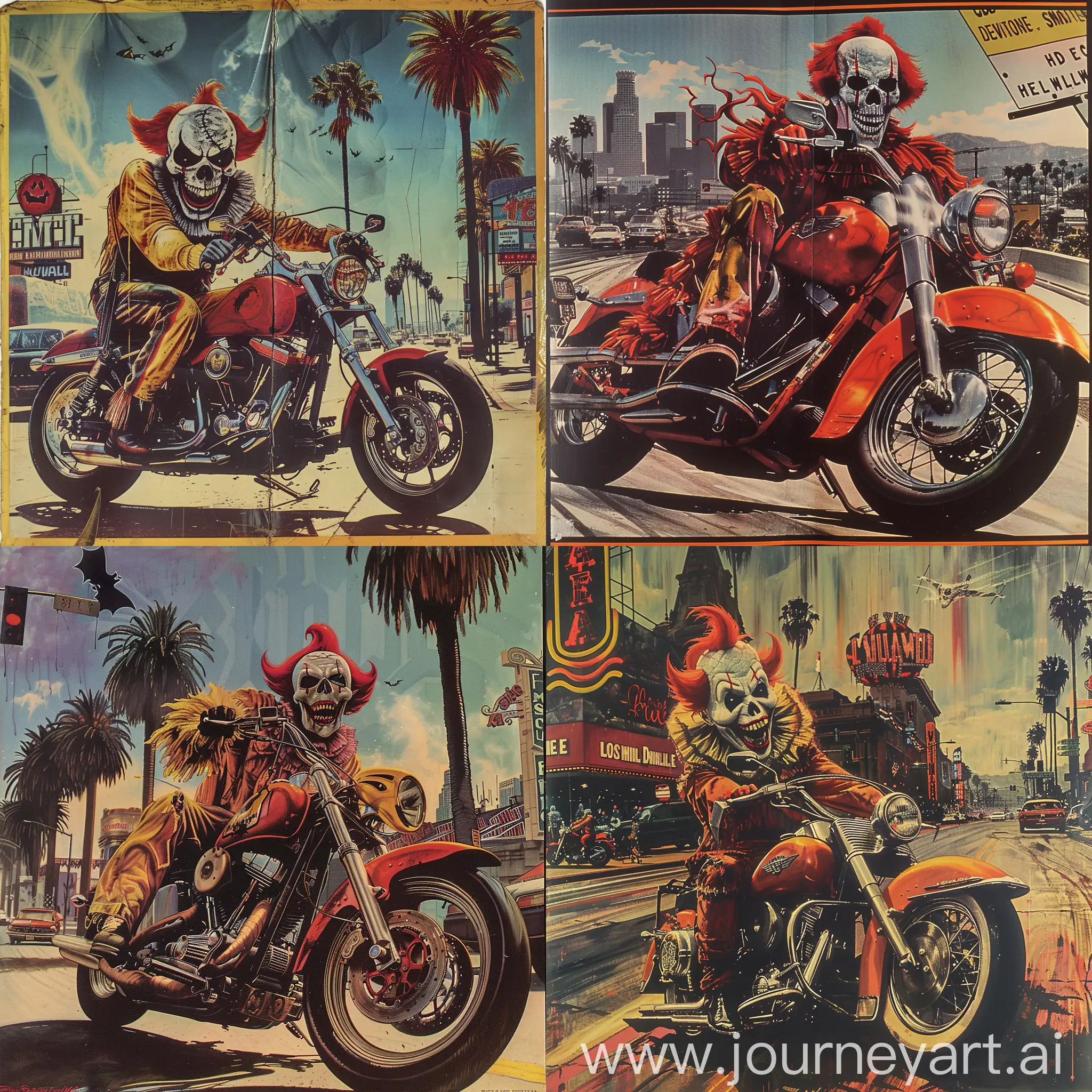 An 80s glam metal halloween album cover featuring a skull-faced clown on a Harley Davidsons in Los Angeles Hollywood with serial killer slasher