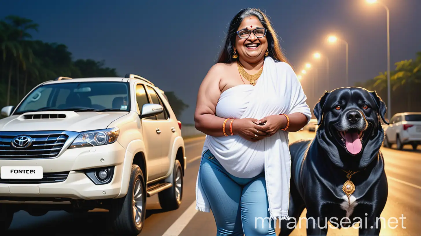  a mature fat indian  woman with 47 years old age wearing a Prescription Eyeglasses on face and gold ornaments with curvy body wearing a neon white wet bath towel and a blue denim hot pant with full make up ,open long  hair style, near  a big black dog  , standing on  a high way   , she is happy and smiling, near hea white toyota fortuner is there , its night time  and a lot of lights are there 
