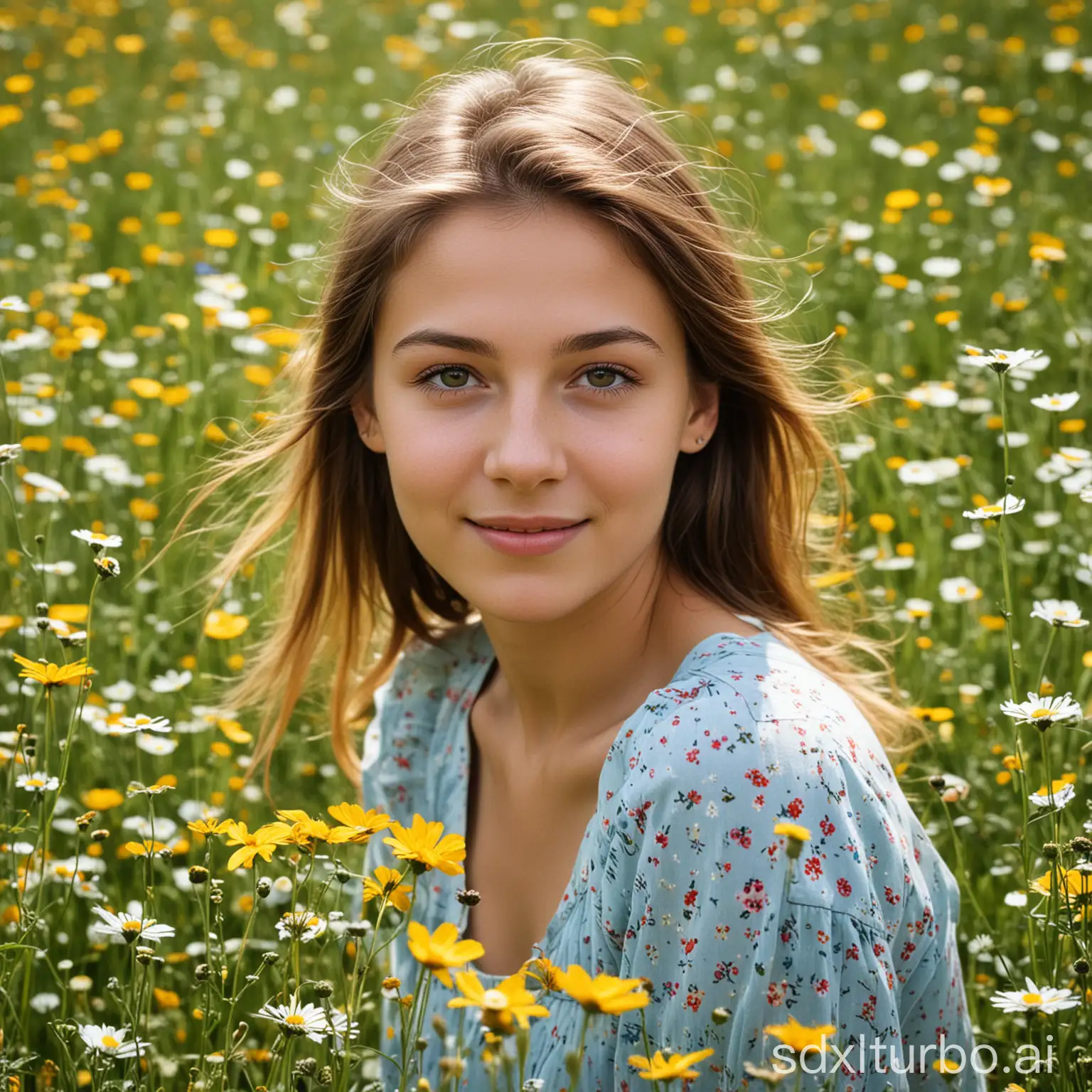 Girl on a flower meadow