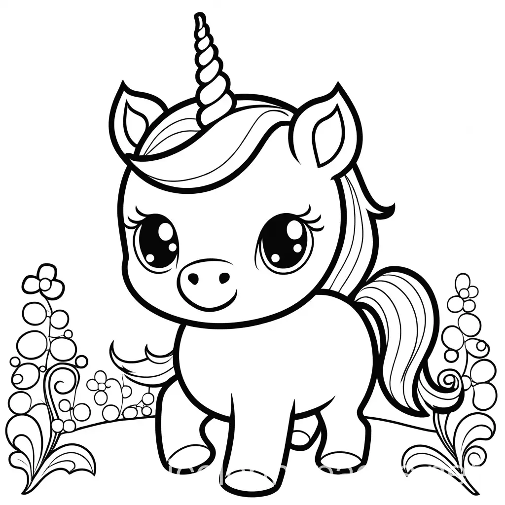 a kawaii  unicorn , Coloring Page, black and white, thick line art, white background, Simplicity, Ample White Space. The background of the coloring page is plain white to make it easy for young children to color within the lines. The outlines of all the subjects are easy to distinguish, making it simple for kids to color without too much difficulty, Coloring Page, black and white, line art, white background, Simplicity, Ample White Space. The background of the coloring page is plain white to make it easy for young children to color within the lines. The outlines of all the subjects are easy to distinguish, making it simple for kids to color without too much difficulty, Coloring Page, black and white, line art, white background, Simplicity, Ample White Space. The background of the coloring page is plain white to make it easy for young children to color within the lines. The outlines of all the subjects are easy to distinguish, making it simple for kids to color without too much difficulty